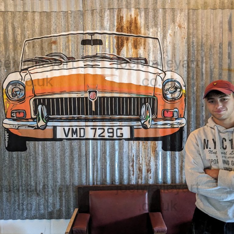 Classic Car Mural. Orange classic MG car painted on a corrugated metal wall of an outside bar.